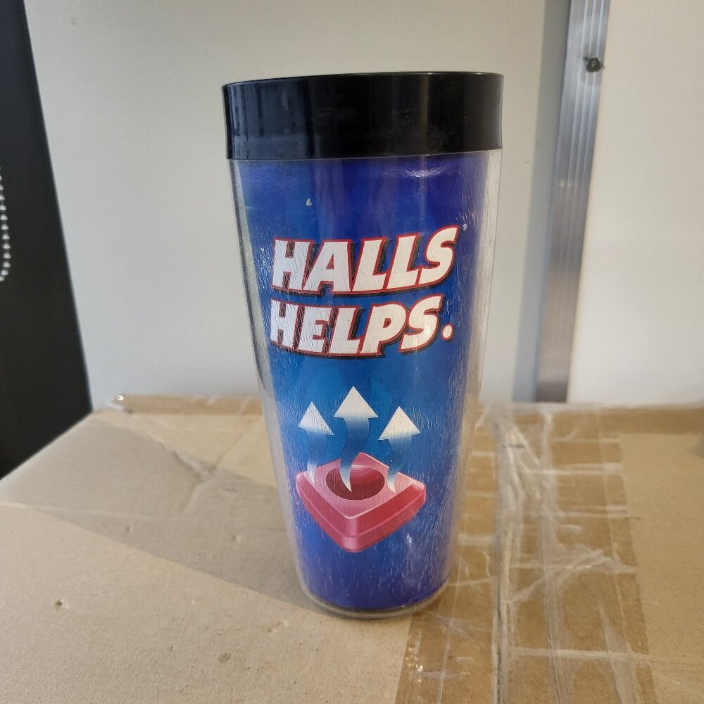 VINTAGE HALLS COUGH DROPS PLASTIC TRAVEL MUG "NO LID" SEE PICS GUC "BIN G"